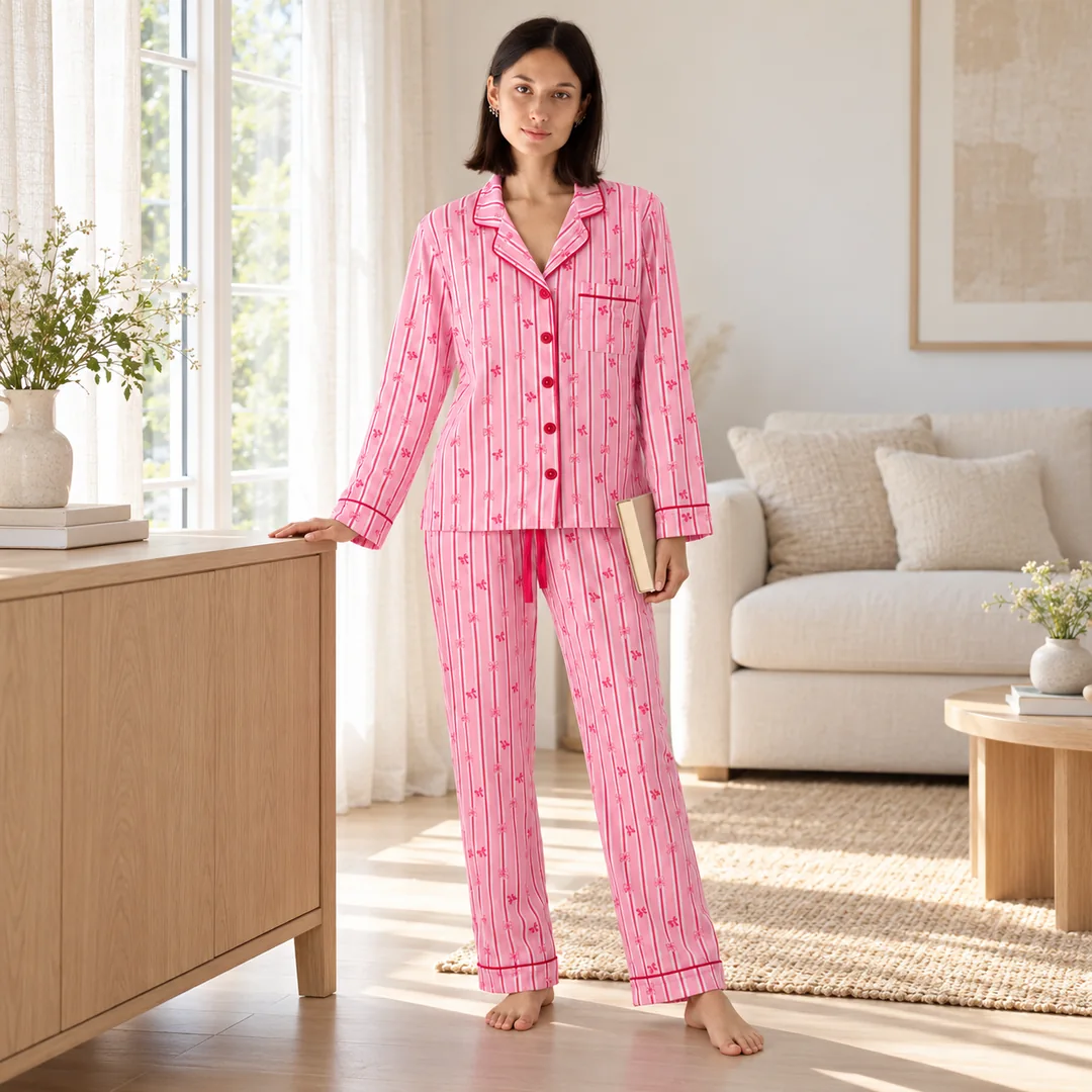Pigiama Donna Rosa a Righe con Fiocchetti e Sacchetto Coordinato – vista 2