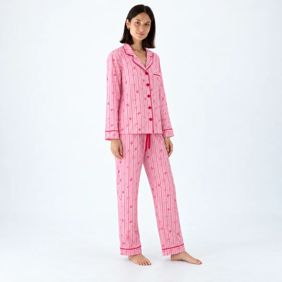 Pigiama Donna Rosa a Righe con Fiocchetti e Sacchetto Coordinato – vista 3