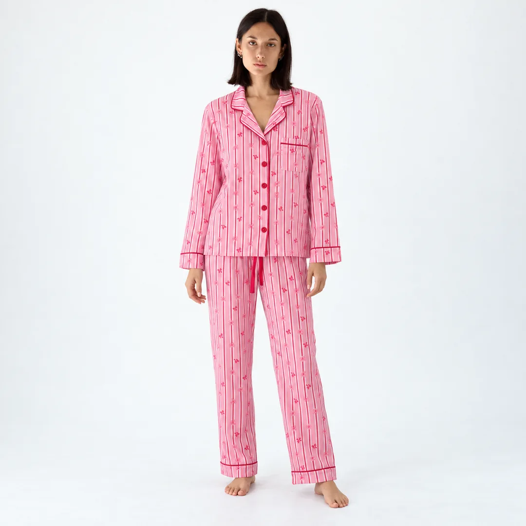 Pigiama Donna Rosa a Righe con Fiocchetti e Sacchetto Coordinato – vista 4