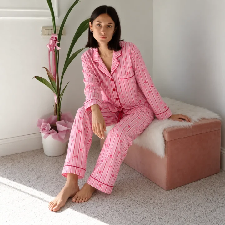 Pigiama Donna Rosa a Righe con Fiocchetti e Sacchetto Coordinato