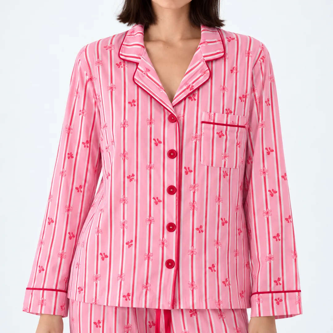 Pigiama Donna Rosa a Righe con Fiocchetti e Sacchetto Coordinato - immagine 7