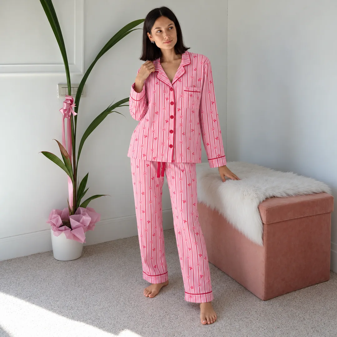 Pigiama Donna Rosa a Righe con Fiocchetti e Sacchetto Coordinato - immagine 6