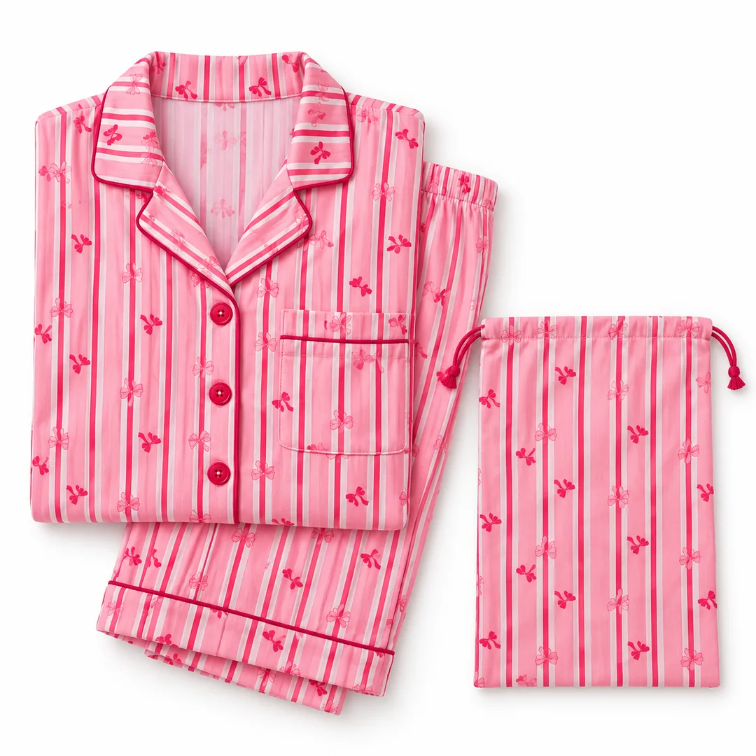 Pigiama Donna Rosa a Righe con Fiocchetti e Sacchetto Coordinato - immagine 5