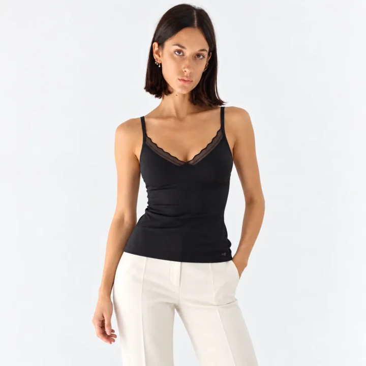 Top donna in microfibra riciclata con pizzo – Nero S